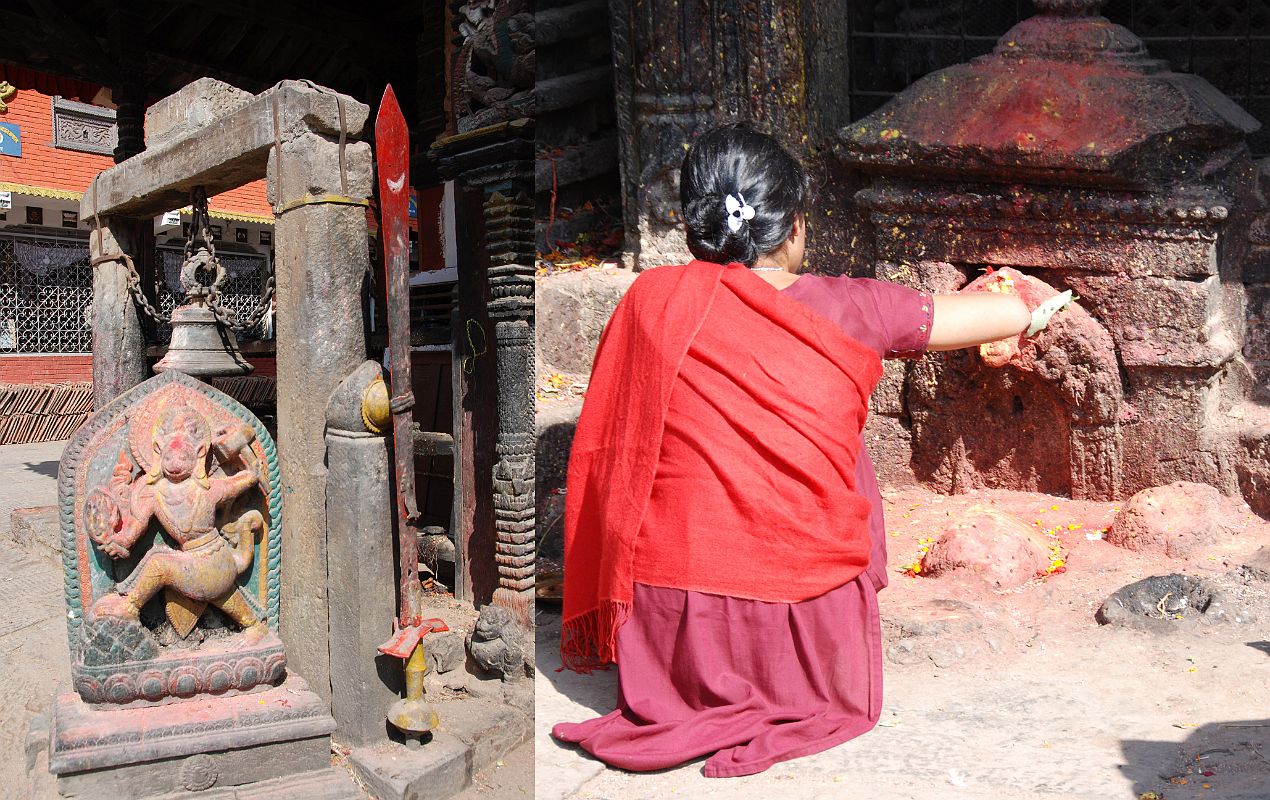 Kathmandu Valley 2 Kirtipur 06 Bagh Bhairav Temple Pilgrim And Statues Left Of Entrance A pilgrim makes offerings to the left of the entrance to the Bagh Bhairav Temple in Kirtipur near Kathmandu.